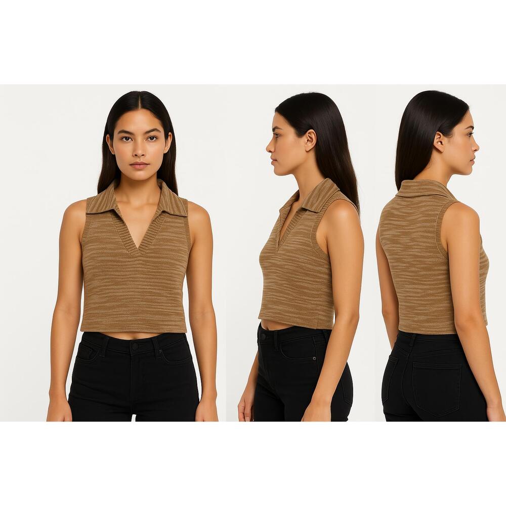 Hazel Moon Tan Brown Striped Collared Vneck Cropped Sleeveless Knit Top Medium